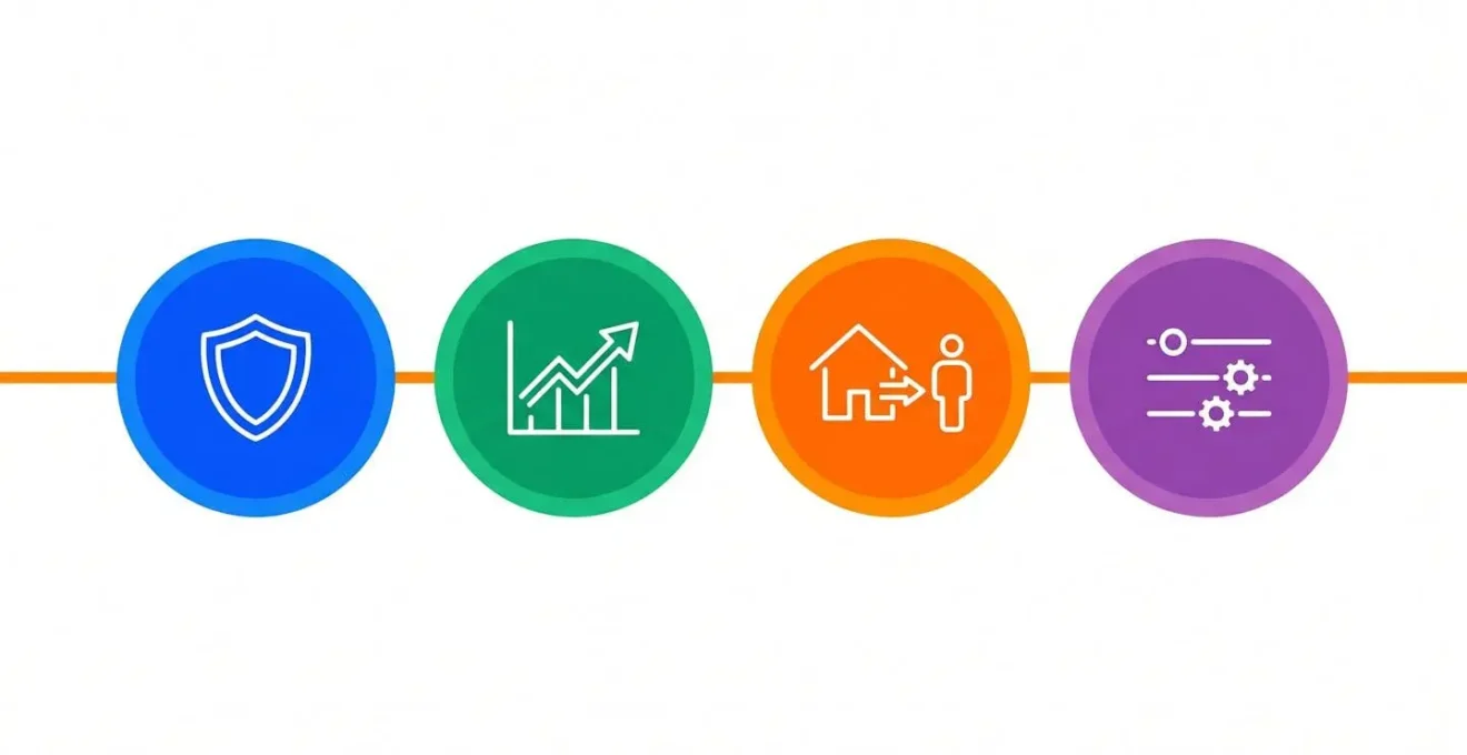 Schéma en flat design présentant 4 étapes de gestion des risques avec l'assurance vie : protection, croissance, transmission et optimisation active, reliées par une ligne continue.