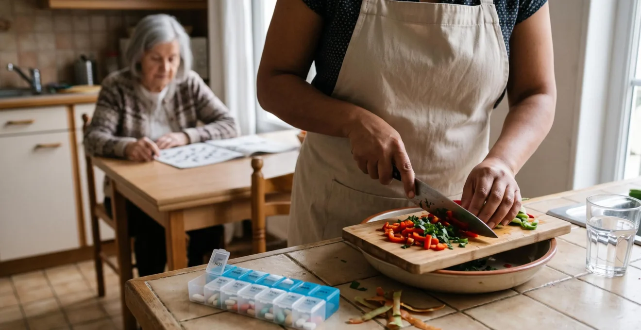 Une aide à domicile prépare un repas sur le plan de cuisine tandis qu'une femme âgée attend à table, légèrement floue.