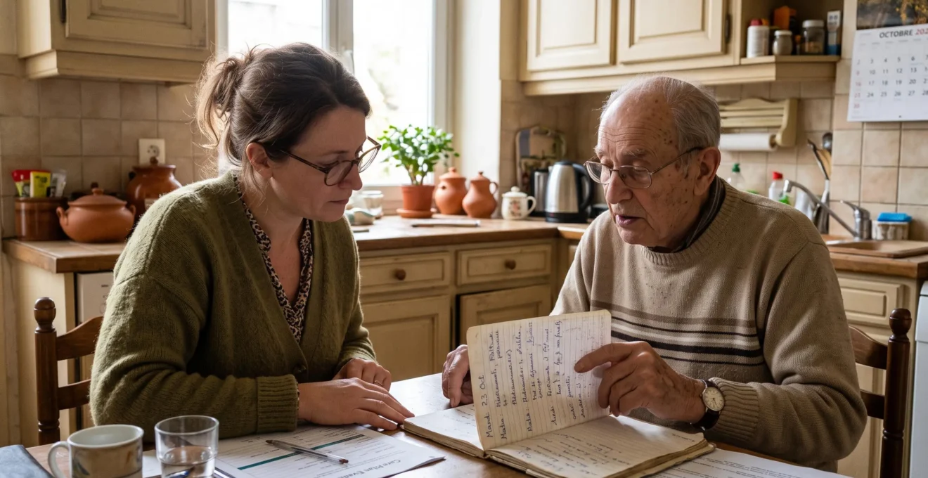 Une conseillère échange avec un homme âgé autour de sa table de cuisine lors d'une visite d'évaluation à domicile.