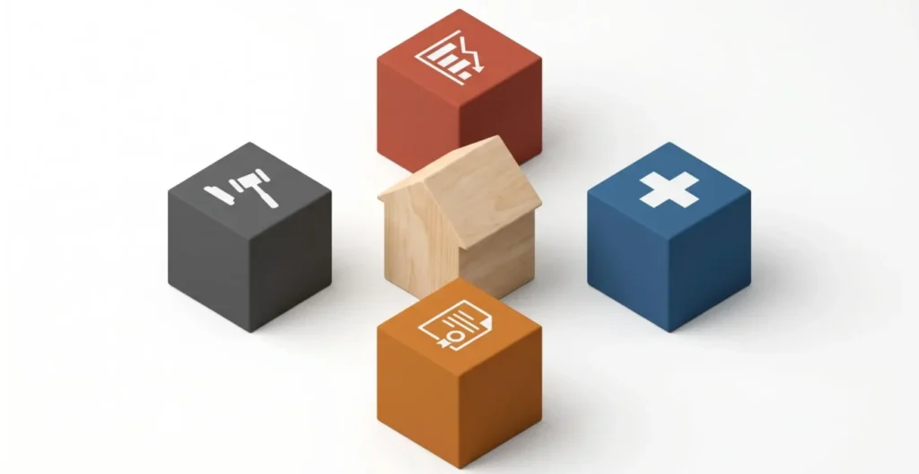 Illustration 3D isométrique d'une maison entourée de quatre cubes colorés avec pictogrammes représentant les risques financiers, de santé, successoraux et juridiques pesant sur le patrimoine. Illustration 3D isométrique d'une maison entourée de quatre cubes colorés avec pictogrammes représentant les risques financiers, de santé, successoraux et juridiques pesant sur le patrimoine.