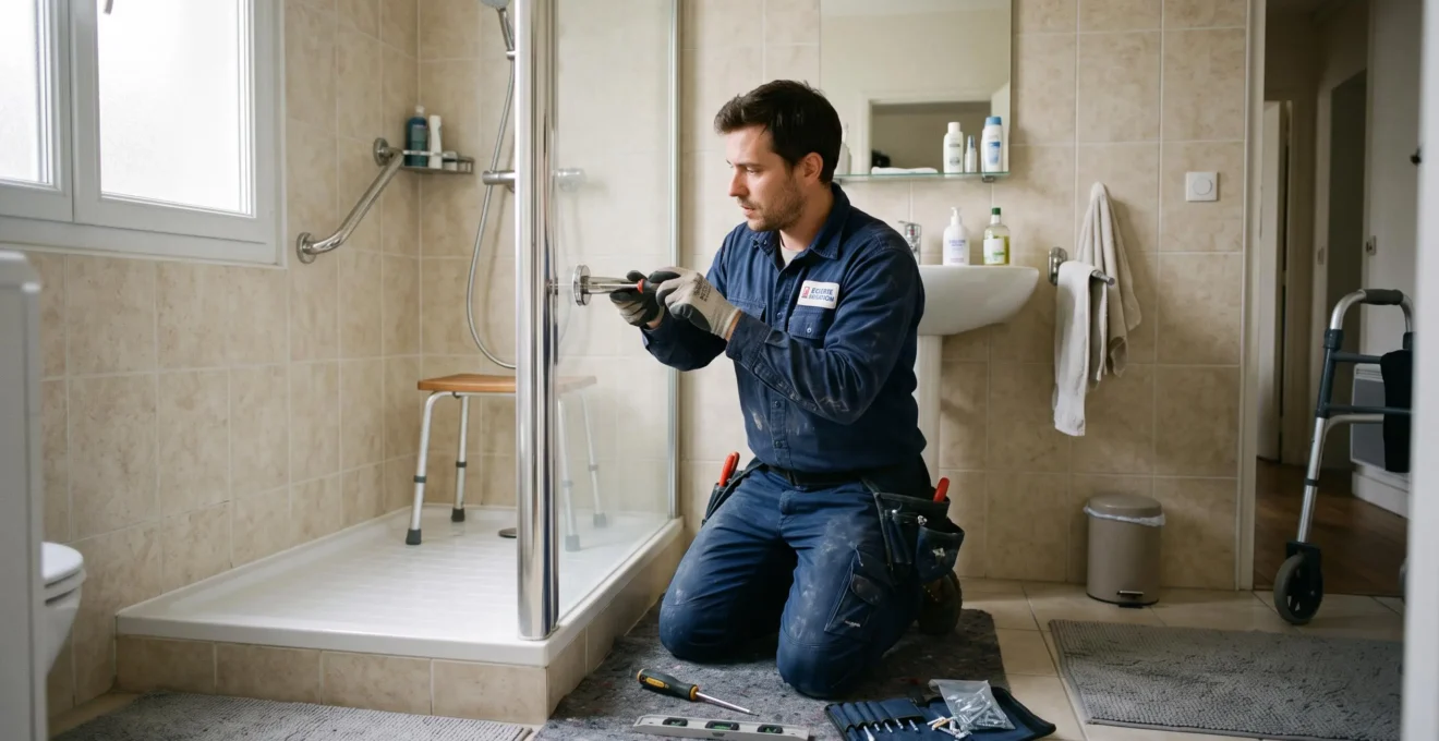 Un technicien fixe une barre d'appui sur le mur d'une salle de bain adaptée pour une personne âgée.
