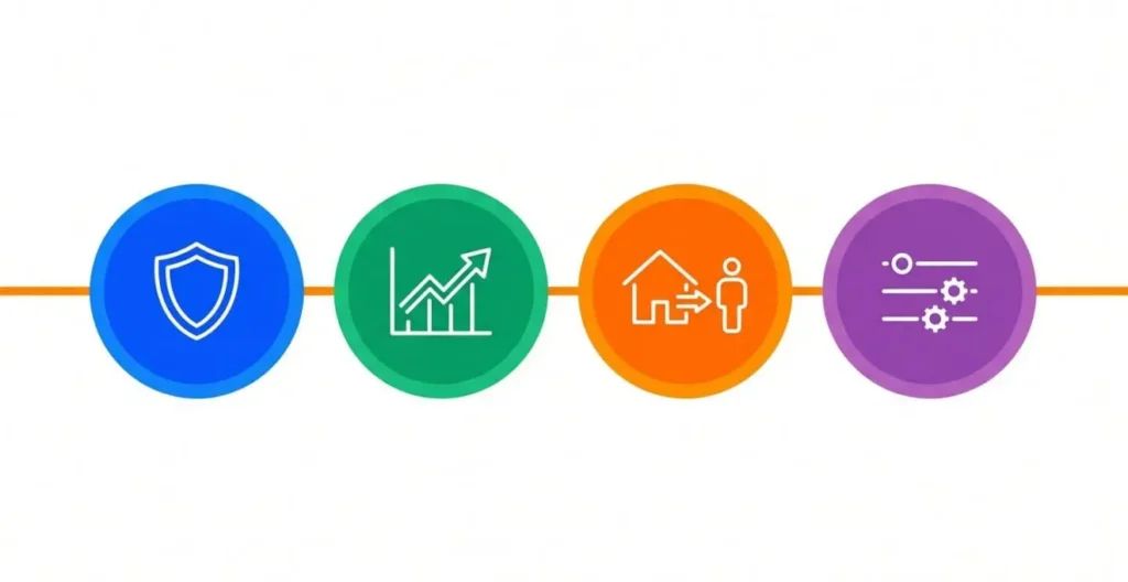 Schéma en flat design présentant 4 étapes de gestion des risques avec l'assurance vie : protection, croissance, transmission et optimisation active, reliées par une ligne continue. Schéma en flat design présentant 4 étapes de gestion des risques avec l'assurance vie : protection, croissance, transmission et optimisation active, reliées par une ligne continue.